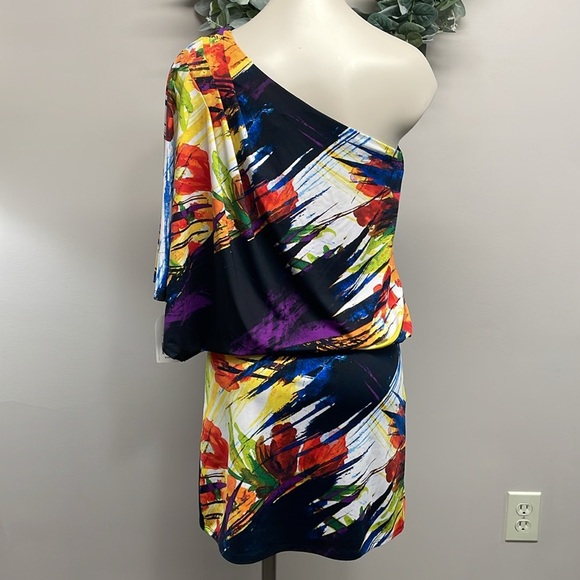 NWT Jessica Simpson One Shoulder Draped Mini Dress Multicolored Abstract S - Picture 4 of 16